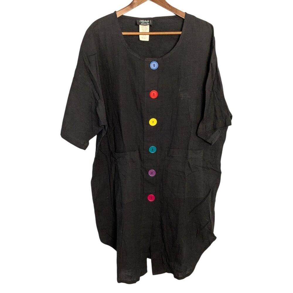 Vintage Michele Leslie Black Button Dress Rainbow Buttons Pockets Size 1X Cotton